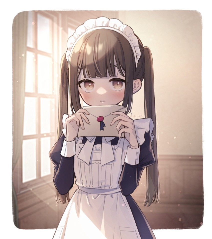 1girl, apron, blurry, blurry_background, blush, brown_eyes, brown_hair, commentary
