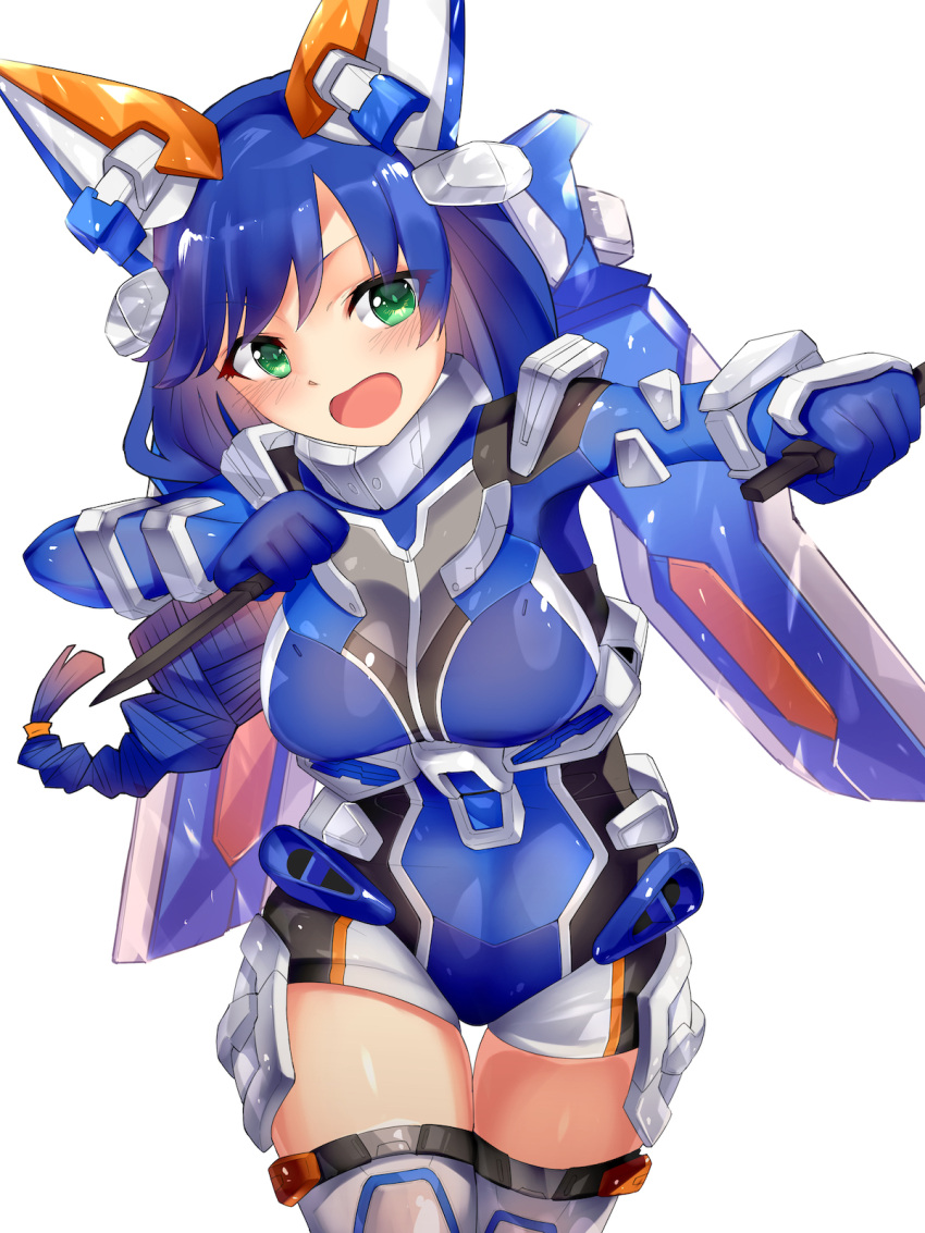 1girl, bangs, blush, braid, breasts, dual_wielding, eyebrows_behind_hair, green_eyes, gundam, gundam_astray_blue_frame, gundam_astray_blue_frame_second_revise, gundam_seed, gundam_seed_astray, highres, holding, holding_knife, i.takashi, knife, long_hair, low-tied_long_hair, mecha_musume, medium_breasts, open_mouth, personification, solo, thigh-highs, white_background