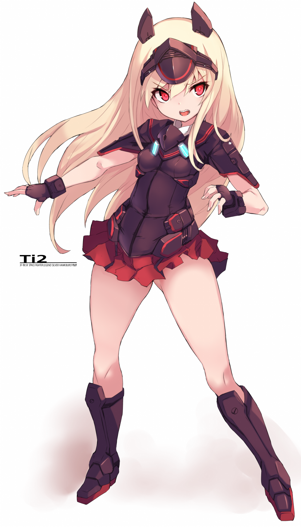 1girl, bangs, black_gloves, blonde_hair, character_name, darius, darius_burst, eyebrows_visible_through_hair, fingerless_gloves, full_body, gloves, headgear, highres, karukan_(monjya), legs, long_hair, open_mouth, red_eyes, red_skirt, simple_background, skirt, solo, standing, ti2, white_background