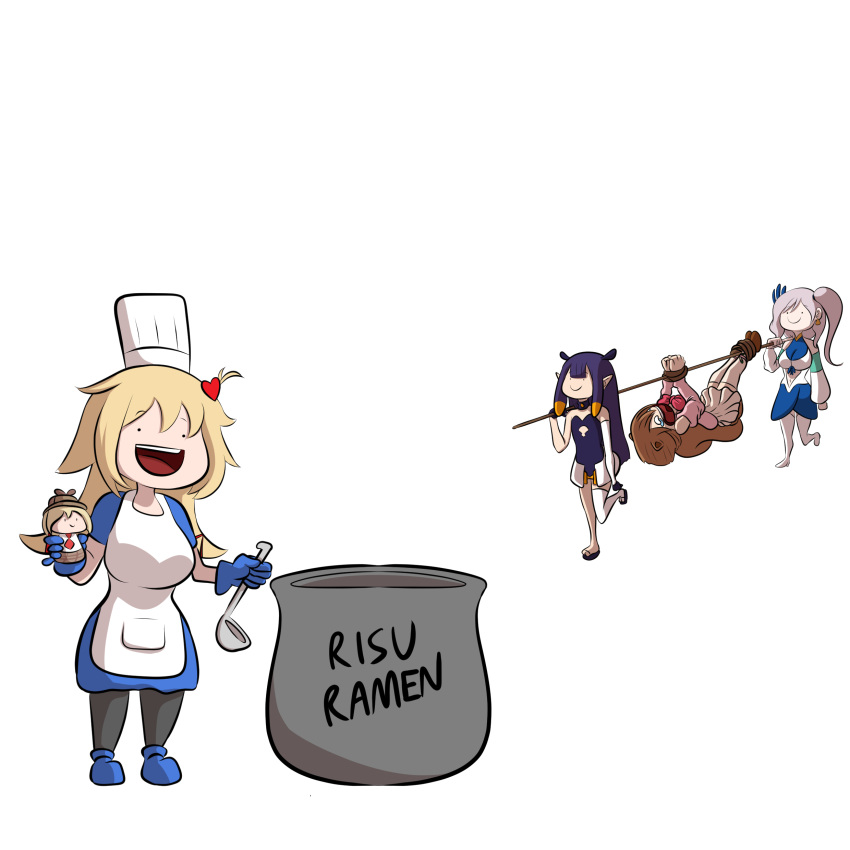 5girls, absurdres, akai_haato, animal_ears, ayunda_risu, blonde_hair, blue_gloves, bound, bow, breasts, brown_hair, chef_hat, chibi, crying, detached_sleeves, english_commentary, flat_chest, gloves, hair_ornament, hat, heart, heart_hair_ornament, highres, holding, holding_ladle, holding_person, holding_stick, hololive, hololive_english, hololive_indonesia, holykoshi, ladle, large_breasts, long_hair, multiple_girls, ninomae_ina'nis, open_mouth, pavolia_reine, pink_bow, pot, side_ponytail, silver_hair, single_detached_sleeve, single_thighhigh, smile, squirrel_ears, squirrel_girl, stick, tentacle_hair, thigh-highs, tied_up, very_long_hair, virtual_youtuber, walfie_(style), watson_amelia, white_background