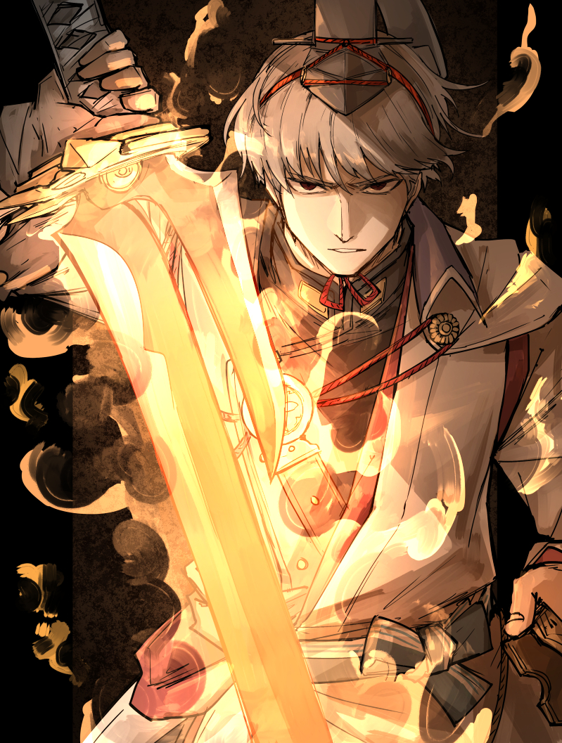 1boy, brown_eyes, fate/grand_order, fate_(series), fire, flaming_sword, flaming_weapon, gloves, grey_hair, hat, kan_(aaaaari35), male_focus, single_glove, sword, watanabe_no_tsuna_(fate), weapon