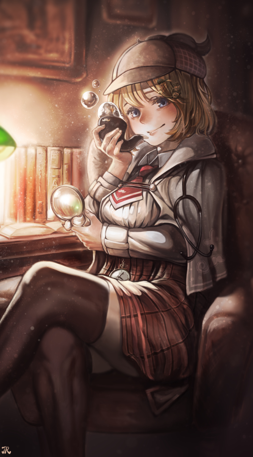 1girl, armchair, birdrawdream, black_legwear, blonde_hair, book, bubble, bubble_pipe