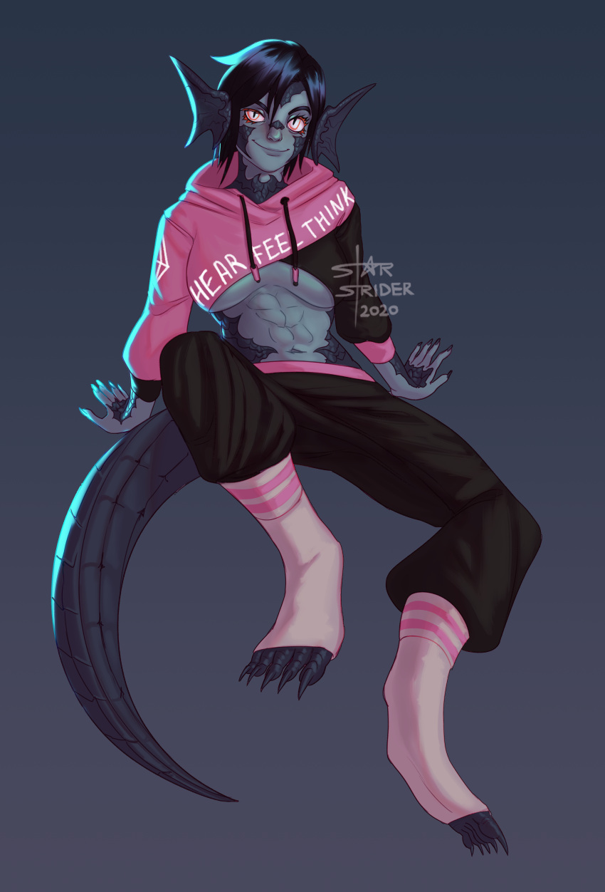 1girl, 2020, abs, absurdres, animal_ears, au_ra, black_hair, black_pants