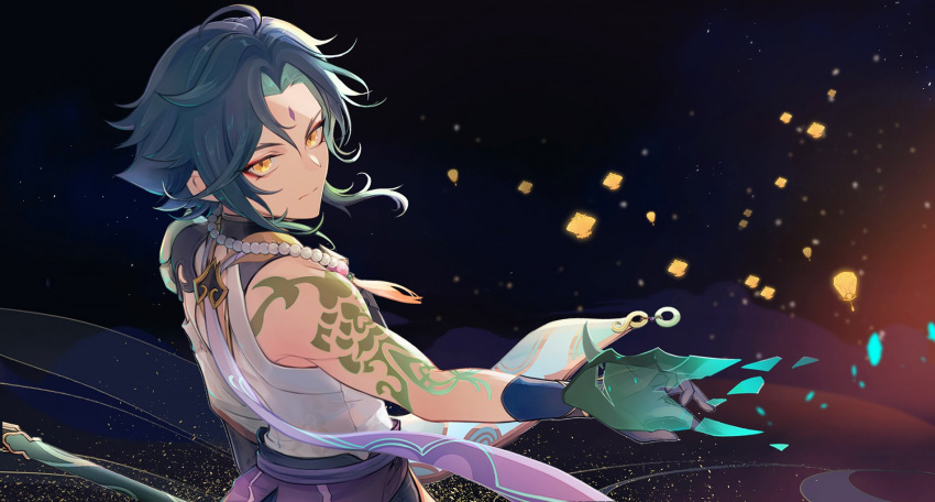 1boy, ahoge, arm_tattoo, bead_necklace, beads, closed_mouth, commentary_request, detached_sleeves