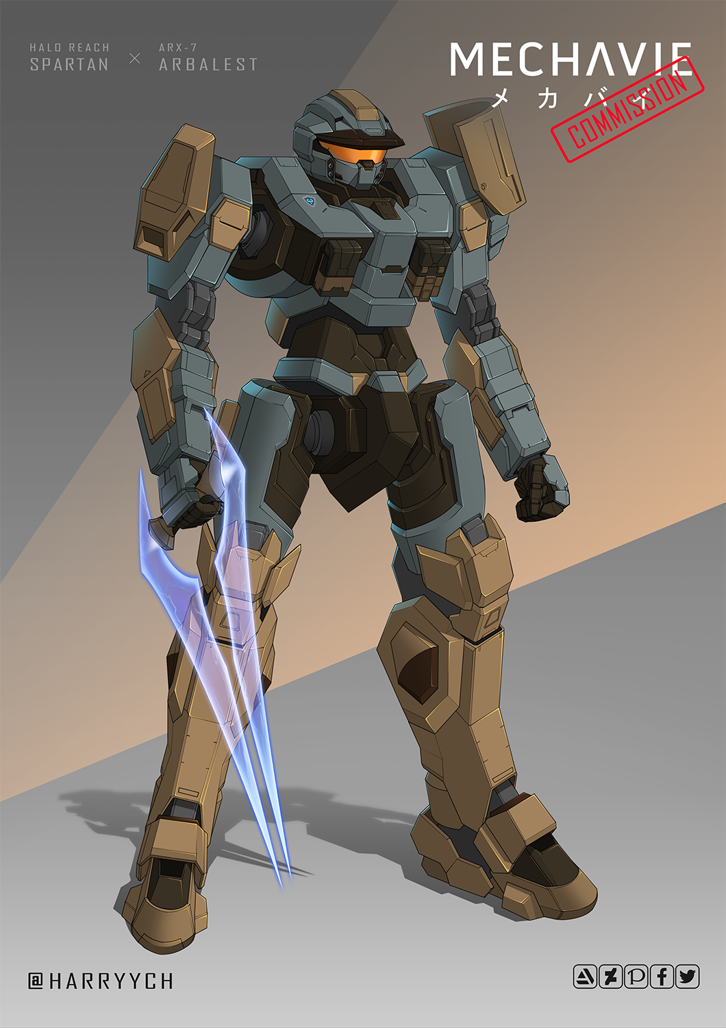 arbalest, arm_slave_(mecha), artist_name, character_name, clenched_hand, crossover, deviantart_logo, energy_sword, english_commentary, facebook_logo, full_metal_panic!, fusion, halo:_reach, halo_(game), harryych, highres, holding, holding_sword, holding_weapon, looking_ahead, mecha, no_humans, pixiv_logo, science_fiction, solo, spartan_(halo), sword, twitter_logo, visor, weapon