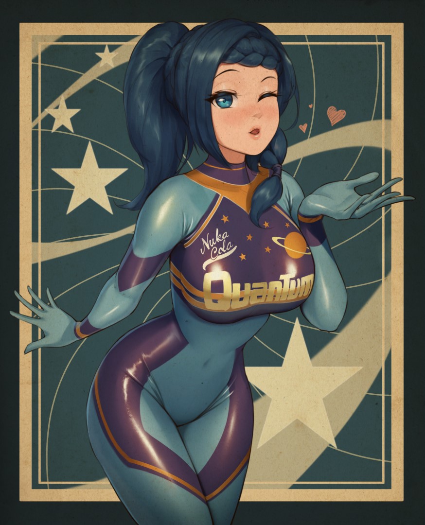 1girl, awan0918, blown_kiss, blue_eyes, blue_hair, blush, bodysuit, braid