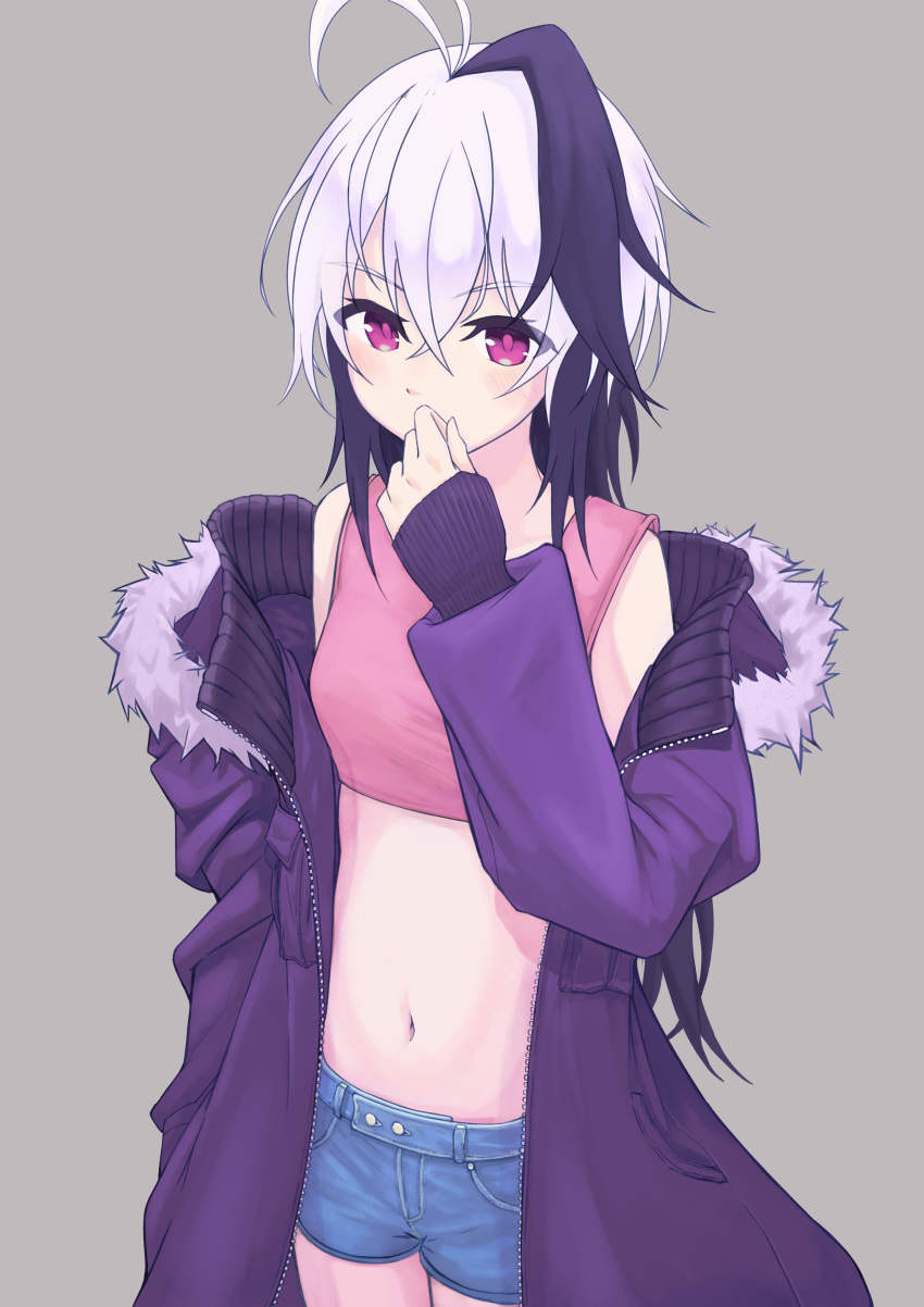 1girl, absurdres, abysyumi, coat, commentary, covering_mouth, cowboy_shot, denim