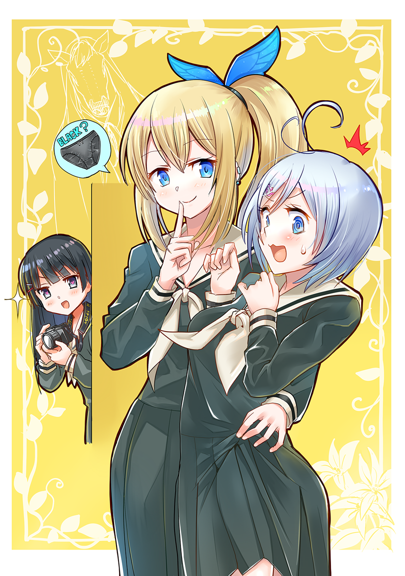 3girls, :d, ^^^, antenna_hair, bangs, black_hair, black_panties, black_serafuku