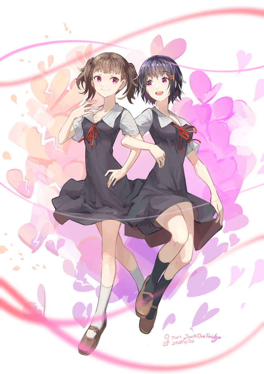 2girls, :d, absurdres, bangs, black_dress, black_legwear, blunt_bangs, blush