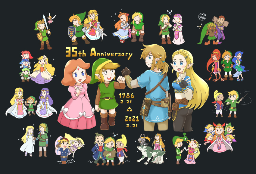 anniversary, black_background, blonde_hair, cape, dark_skin, din, ezlo, fingerless_gloves, gloves, green_tunic, happy_mask_salesman, highres, linebeck, link, link_(wolf), long_hair, marin_(the_legend_of_zelda), midna, multiple_persona, navi, nayru, pointy_ears, princess_hilda, princess_styla, princess_zelda, riding, scarf, shield, sword, tetra, the_legend_of_zelda, the_legend_of_zelda:_a_link_between_worlds, the_legend_of_zelda:_a_link_to_the_past, the_legend_of_zelda:_breath_of_the_wild, the_legend_of_zelda:_four_swords, the_legend_of_zelda:_link's_awakening, the_legend_of_zelda:_majora's_mask, the_legend_of_zelda:_ocarina_of_time, the_legend_of_zelda:_oracle_of_ages, the_legend_of_zelda:_oracle_of_seasons, the_legend_of_zelda:_phantom_hourglass, the_legend_of_zelda:_skyward_sword, the_legend_of_zelda:_spirit_tracks, the_legend_of_zelda:_the_minish_cap, the_legend_of_zelda:_the_wind_waker, the_legend_of_zelda:_tri_force_heroes, the_legend_of_zelda:_twilight_princess, the_legend_of_zelda_(nes), tiara, toon_link, toon_zelda, triforce, user_pjsw5857, weapon, young_link, young_zelda