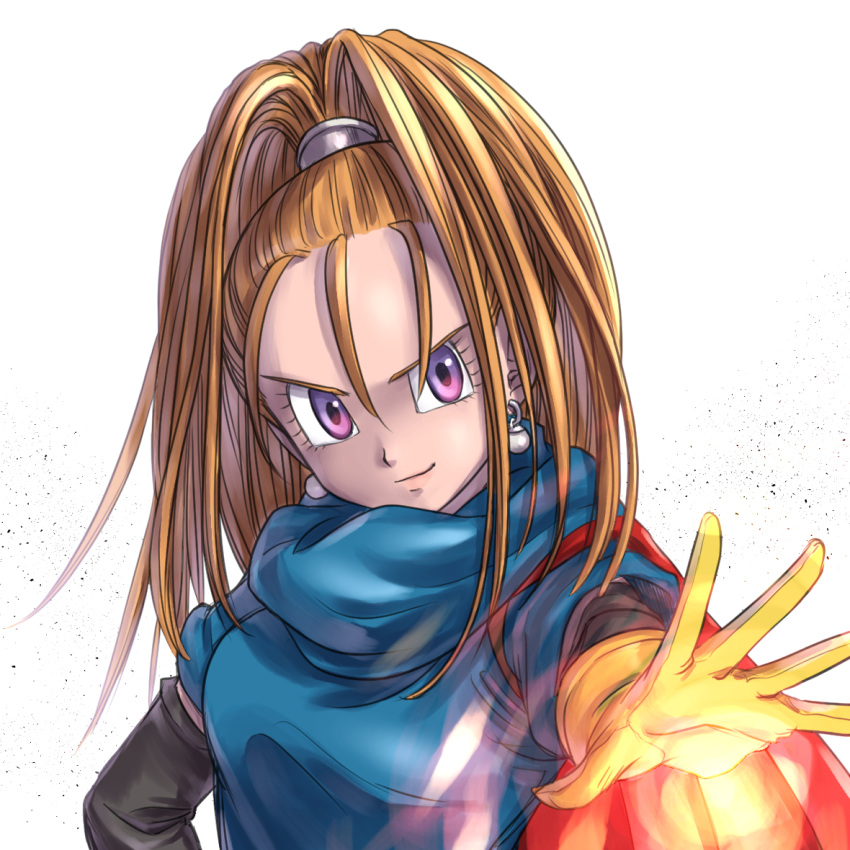1girl, barbara_(dq6), black_sleeves, blue_shirt, brown_hair, cape, chinyan, commentary_request