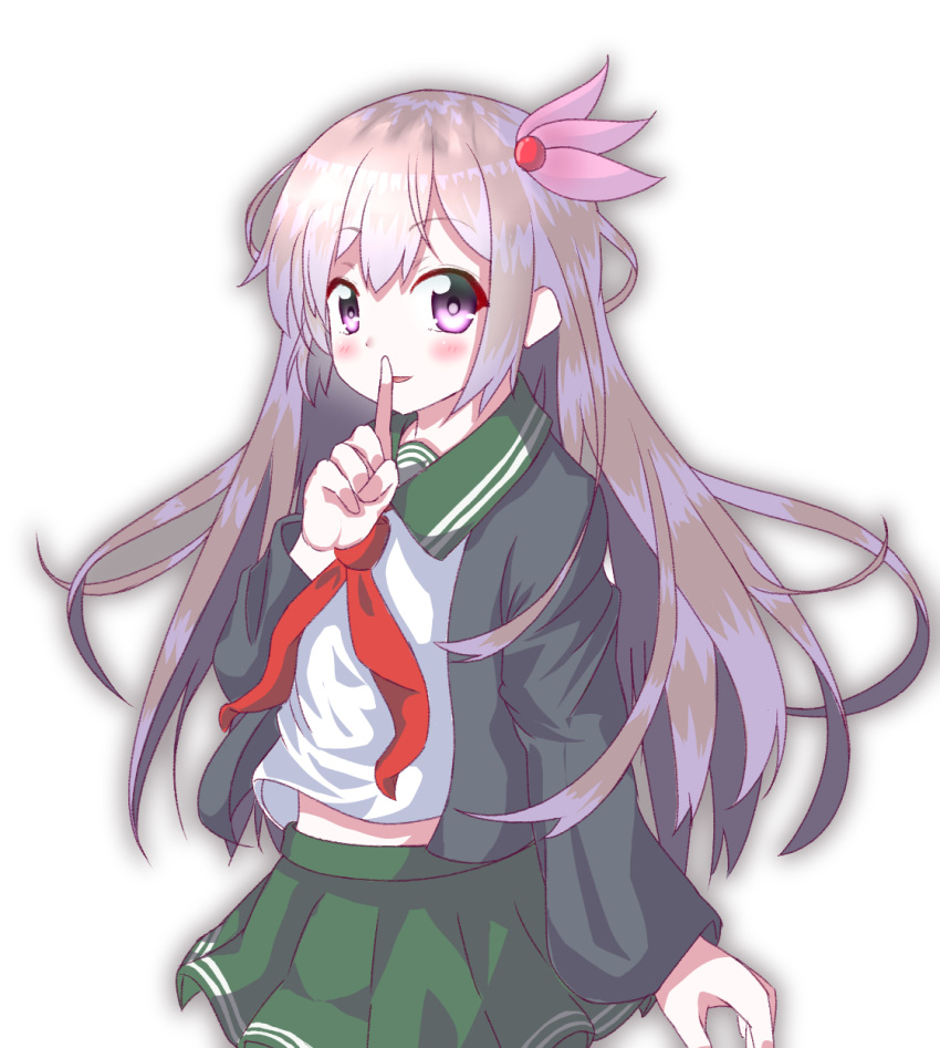 1girl, black_jacket, brown_hair, cowboy_shot, crescent, crescent_pin, finger_to_mouth, green_sailor_collar