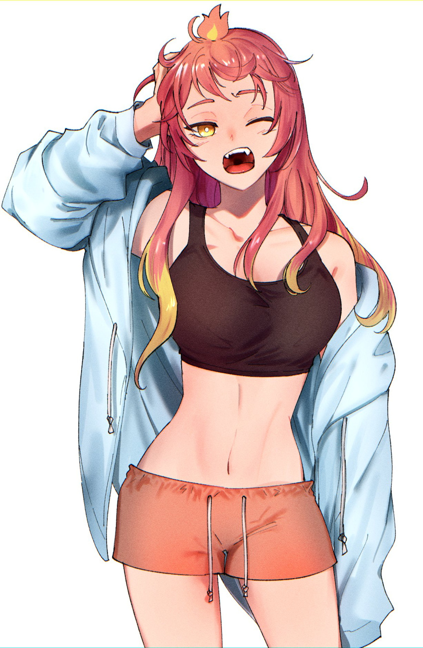 1girl, ahoge, alternate_hairstyle, blonde_hair, breasts, colored_tips, cowboy_shot, fangs