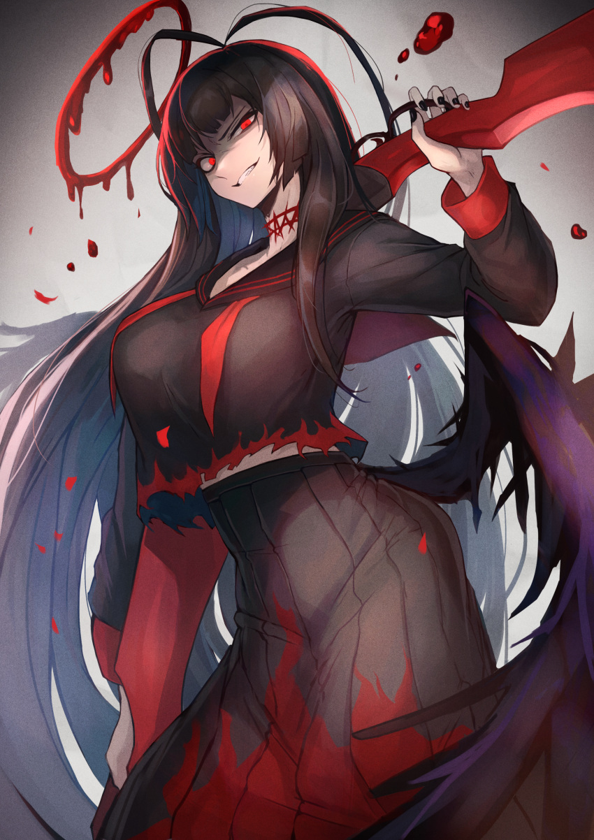 1girl, absurdres, ahoge, bangs, black_hair, black_nails, black_sailor_collar, black_serafuku