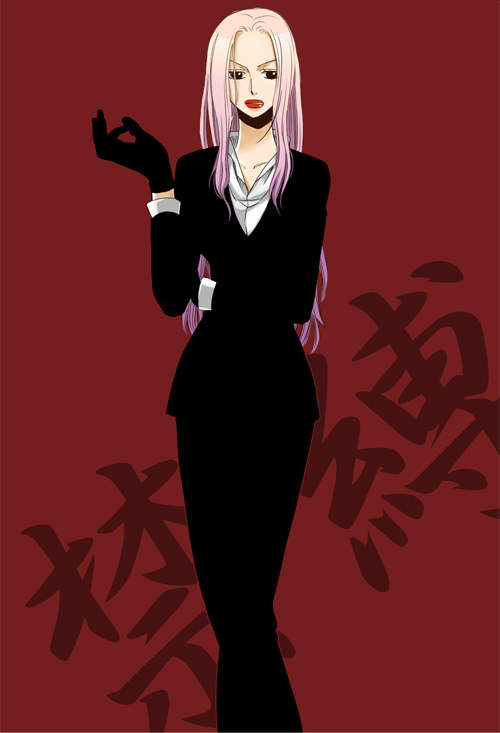 formal, gloves, hina_(one_piece), lips, lipstick, long_hair, one_piece, pant_suit