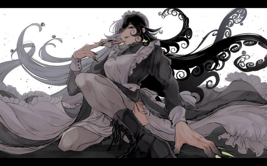 1boy, alternate_costume, androgynous, apron, ashiya_douman_(fate), ass, asymmetrical_hair, bell