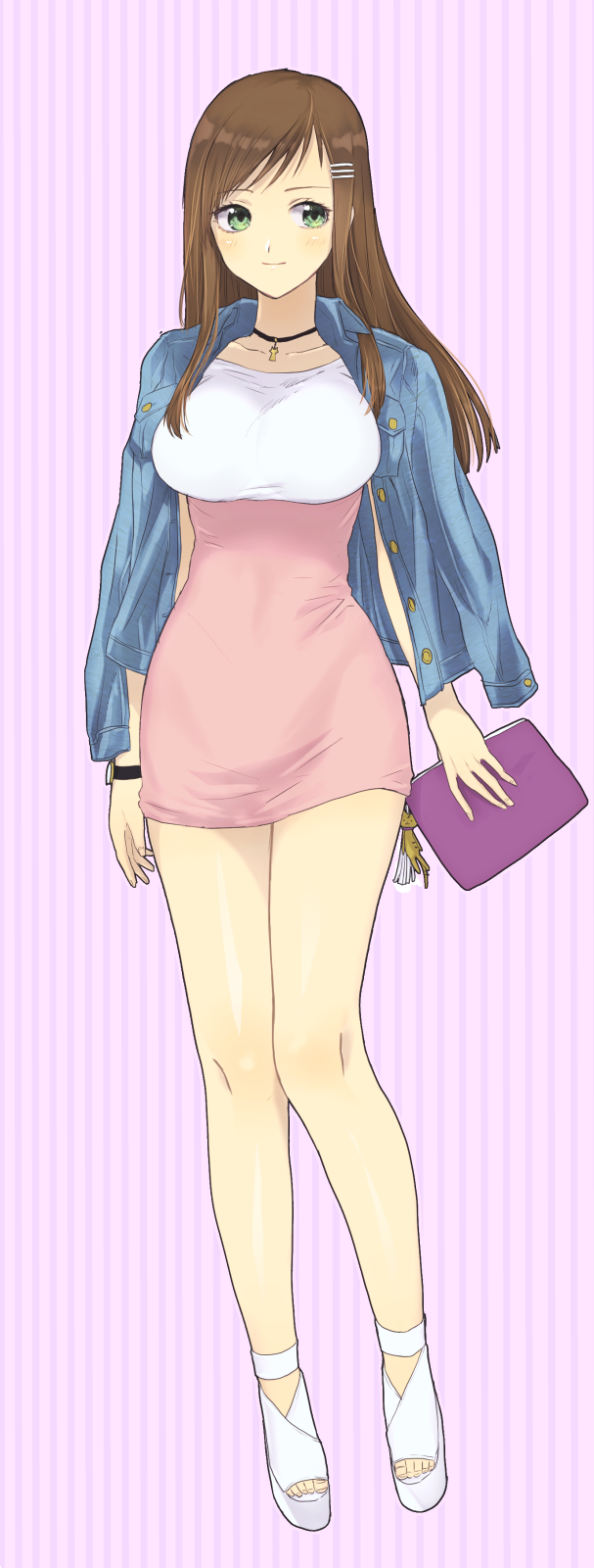 1girl, breasts, brown_hair, closed_mouth, denim, denim_jacket, dress, green_eyes