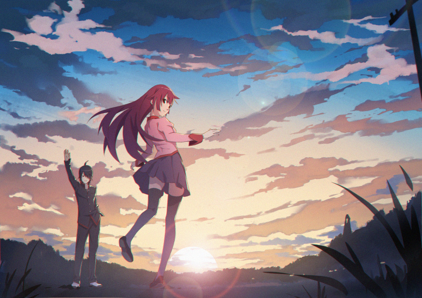 1boy, 1girl, araragi_koyomi, arm_up, backlighting, bakemonogatari, bangs, black_footwear