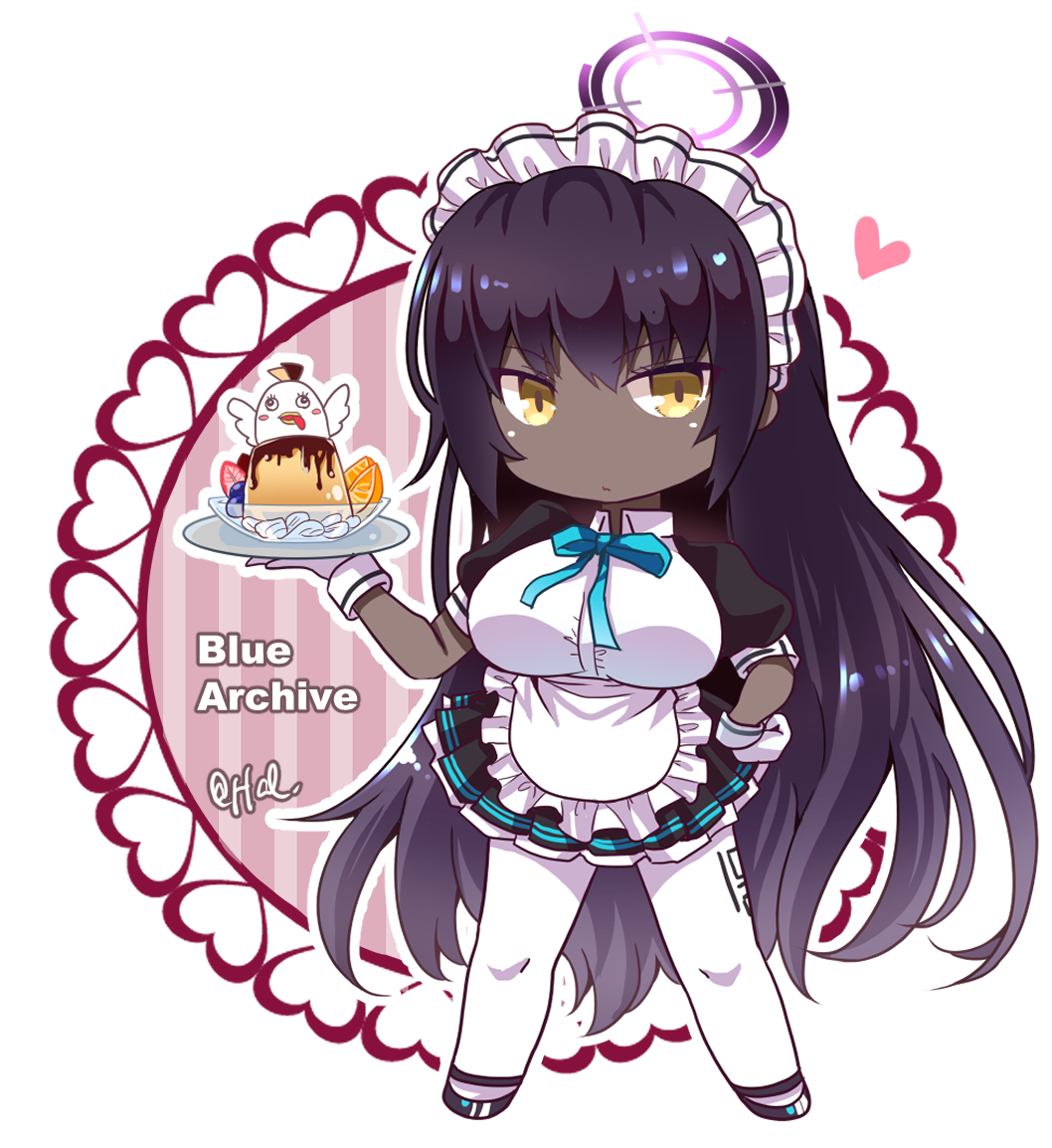 1girl, apron, black_footwear, blue_archive, blue_ribbon, blueberry, breasts, chibi, closed_mouth, copyright_name, dark_skin, dark-skinned_female, dessert, food, frilled_apron, frills, fruit, full_body, hal_(harun), halo, hand_on_hip, hand_up, heart, holding, holding_tray, karin_(blue_archive), large_breasts, long_hair, looking_at_viewer, maid_headdress, neck_ribbon, orange, orange_slice, pantyhose, petticoat, pudding, puffy_short_sleeves, puffy_sleeves, ribbon, short_sleeves, solo, standing, strawberry, tray, very_long_hair, white_apron, white_legwear, yellow_eyes