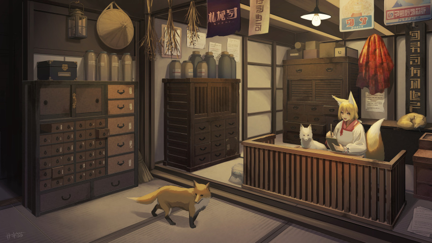 1girl, absurdres, animal_ears, architecture, blonde_hair, broom, cabinet, counter