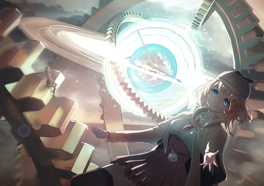 2girls, absurdres, blonde_hair, blue_eyes, brown_legwear, brown_sky, clockwork, clouds, cloudy_sky, energy, fullheartart, gears, glowing, hat, high-waist_skirt, highres, hololive, hololive_english, lens_flare, long_hair, looking_to_the_side, multiple_girls, outstretched_arms, pocket_watch, signature, sitting, skirt, sky, smile, solo, spread_arms, thigh-highs, time_machine, watch, watson_amelia