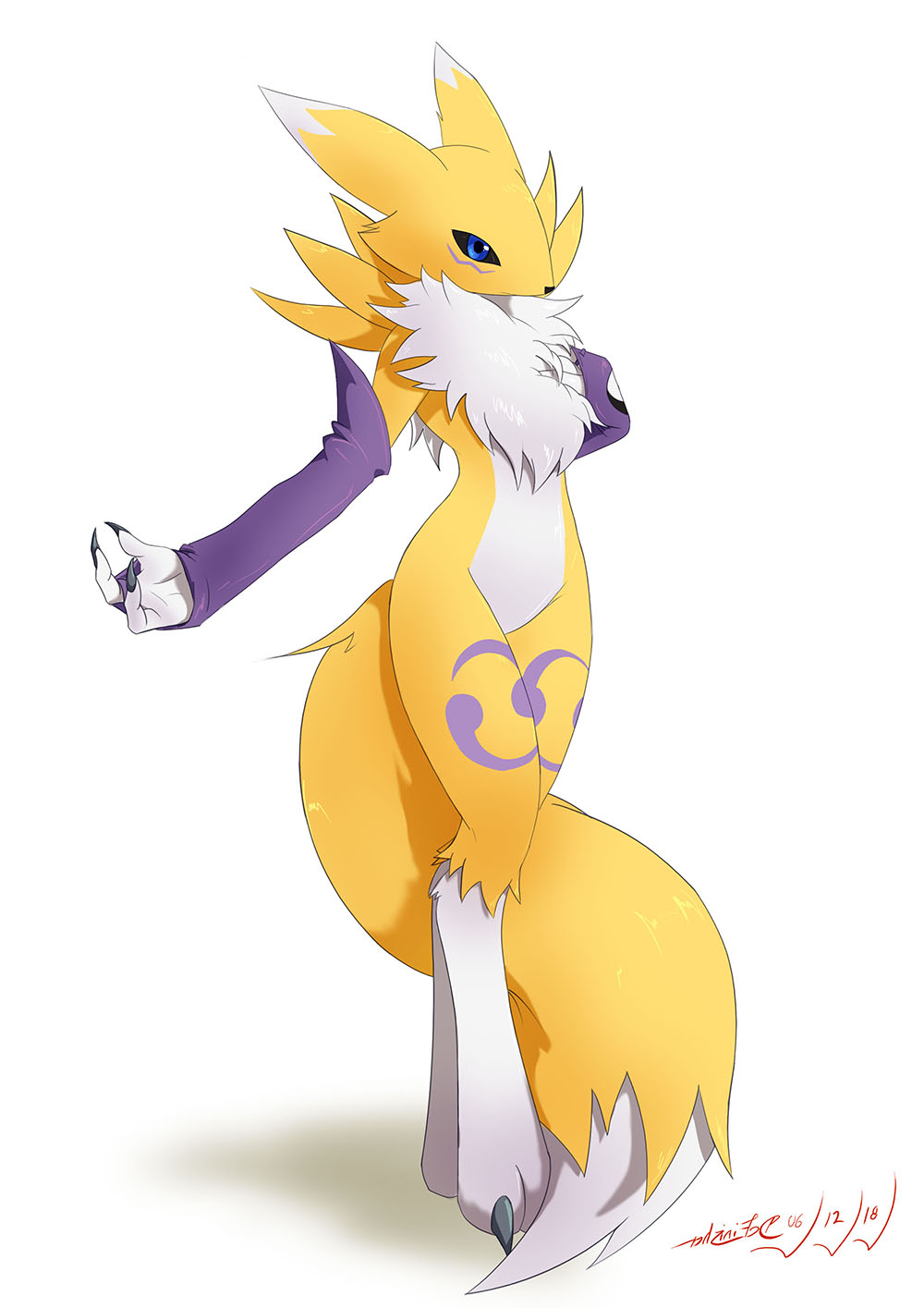 1girl, animal_ears, animal_nose, artist_name, black_sclera, blue_eyes, body_fur, bridal_gauntlets, claws, closed_mouth, colored_sclera, commentary, crossed_legs, dated, digimon, elbow_gloves, english_commentary, engrish_commentary, eryz, fluffy, fox_ears, fox_girl, fox_tail, full_body, furry, gloves, groin, hand_on_own_chest, hand_up, highres, jpeg_artifacts, leg_tattoo, paws, purple_gloves, renamon, signature, simple_background, snout, solo, standing, stomach, tail, tattoo, two-tone_fur, watson_cross, white_background, white_fur, yellow_fur