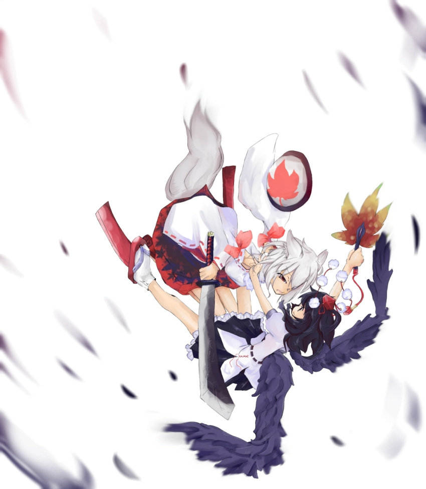 2girls, animal_ears, black_hair, black_wings, detached_sleeves, fighting, geta, hat