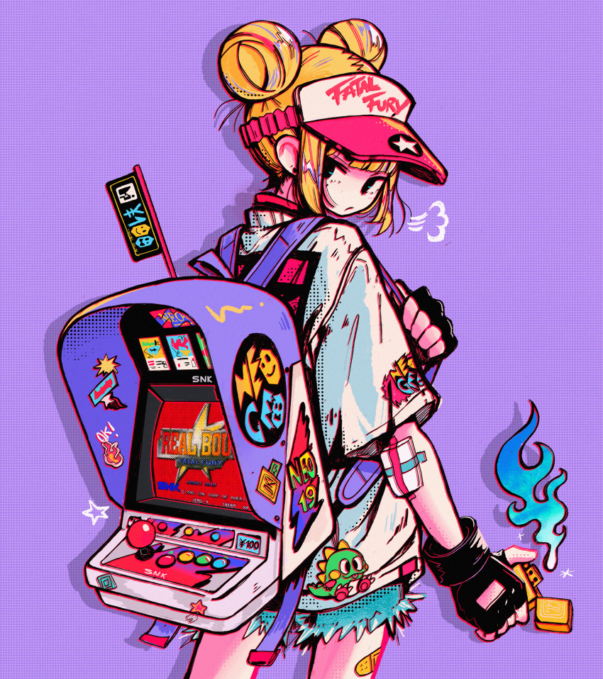 1girl, backpack, bag, bandaid, black_gloves, blonde_hair, blue_fire, blue_shorts