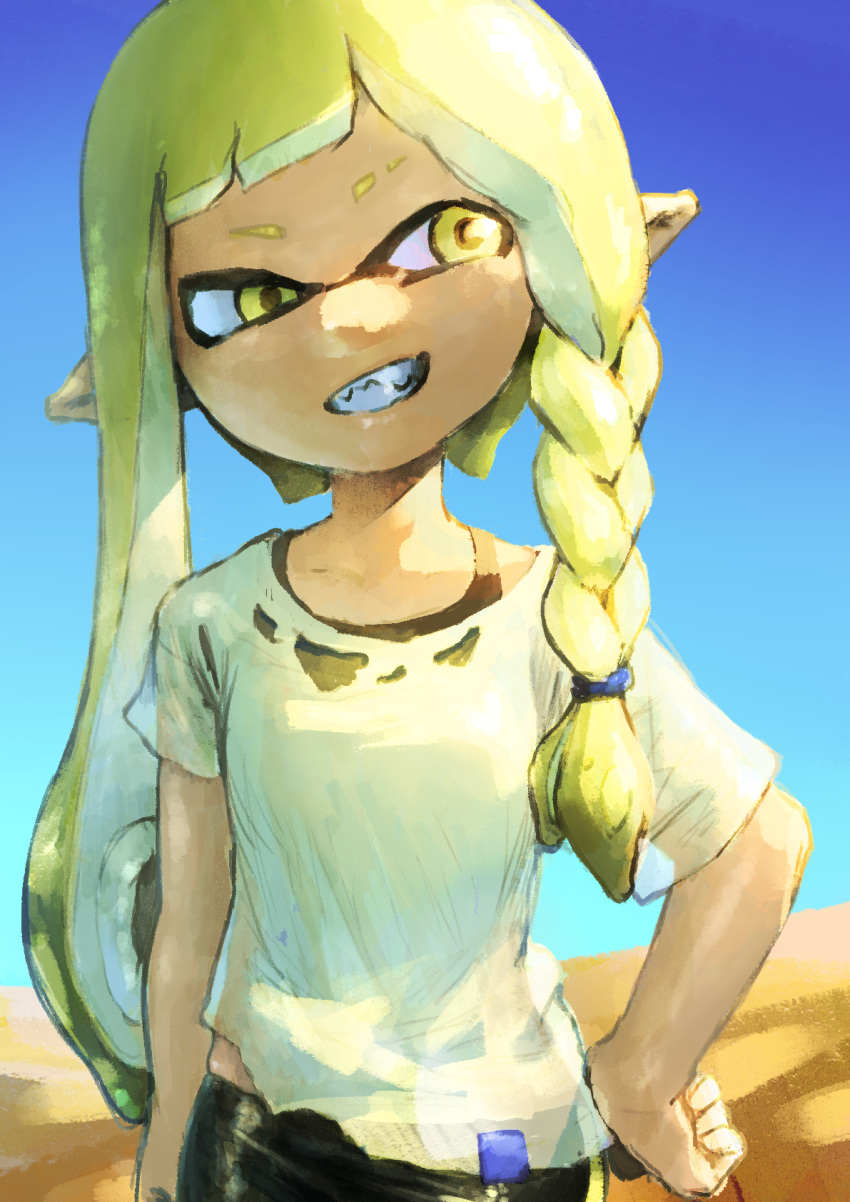 1girl, arm_at_side, asymmetrical_hair, bangs, bike_shorts, blonde_hair, blue_sky, blunt_bangs