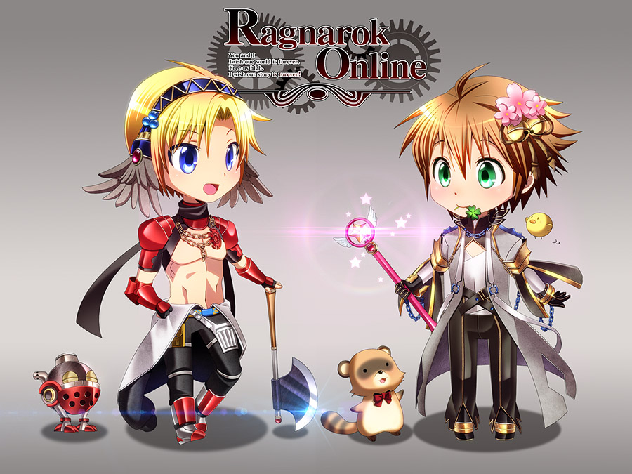 2boys, :d, armor, armored_boots, axe, bangs, bare_pecs, bell