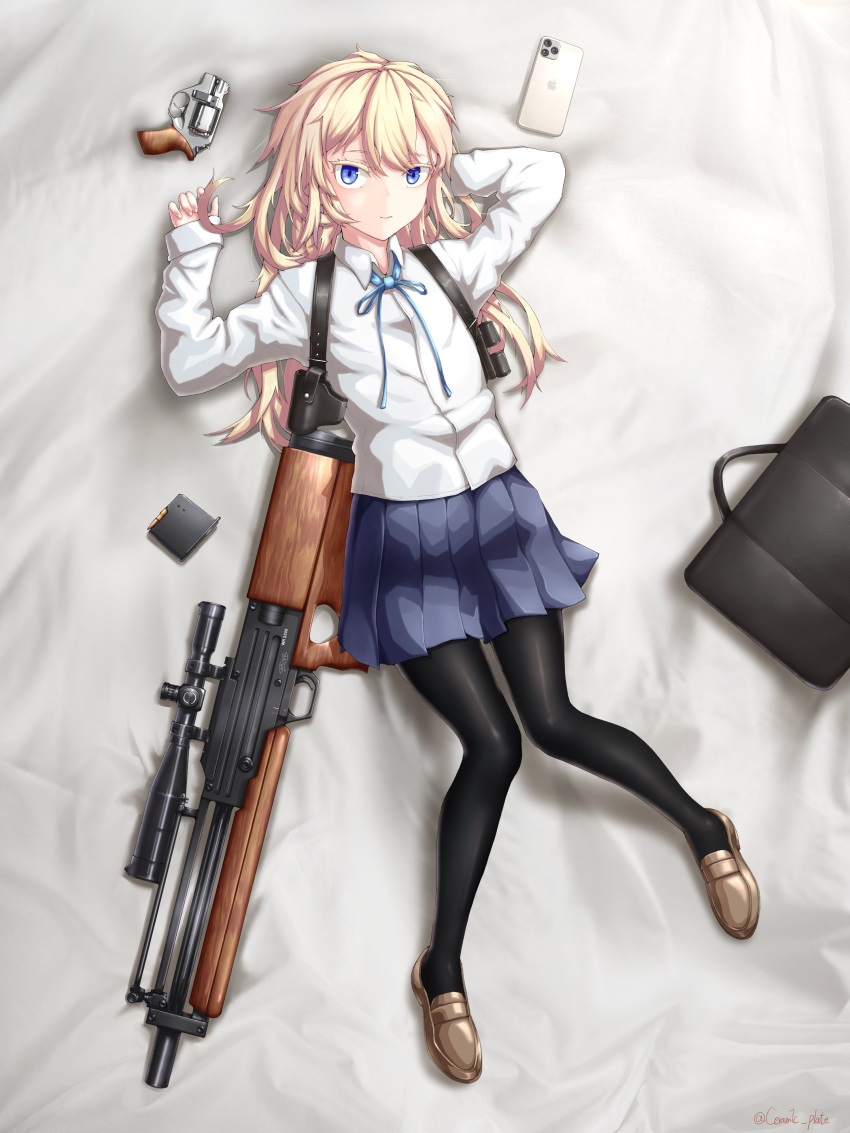 1girl, absurdres, bag, blonde_hair, blue_eyes, bullpup, cellphone, ceramic_plate