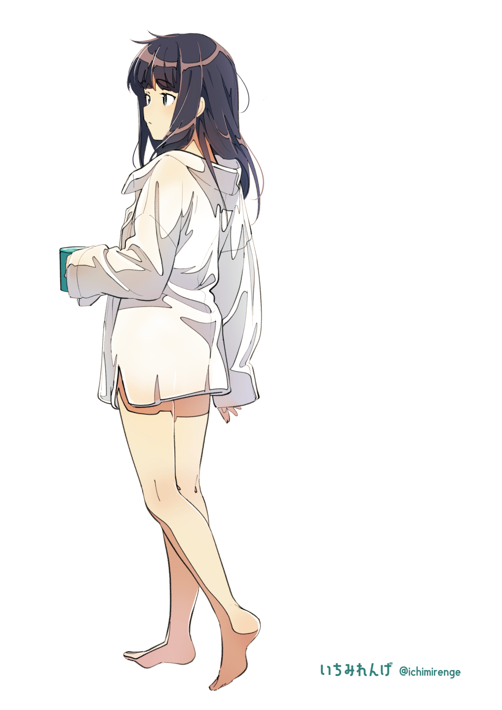 1girl, anime_coloring, artist_name, bangs, barefoot, black_eyes, black_hair, cup