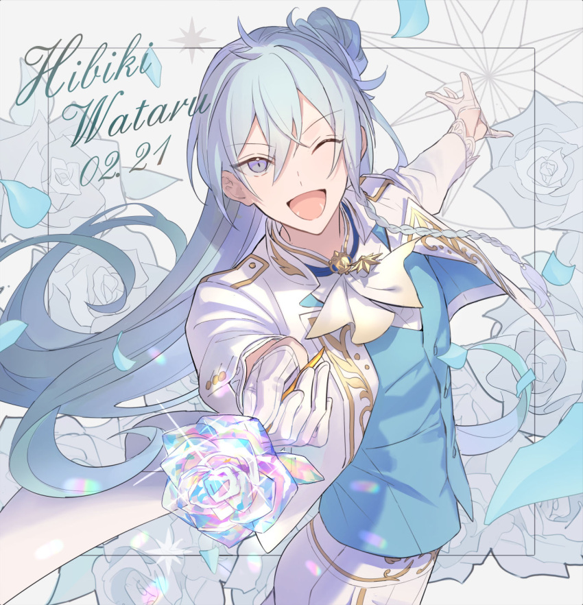 1boy, ;d, arms_up, ascot, blue_eyes, blue_flower, blue_hair, blue_rose, blue_shirt, border, braid, character_name, commentary, cowboy_shot, crystal_rose, dated, english_text, ensemble_stars!, flower, gloves, hair_bun, hibiki_wataru, highres, holding, holding_flower, jacket, long_hair, looking_at_viewer, male_focus, one_eye_closed, open_mouth, pants, rice_(rice8p), rose, shirt, side_bun, simple_background, single_braid, single_glove, smile, solo, white_background, white_gloves, white_jacket, white_neckwear, white_pants