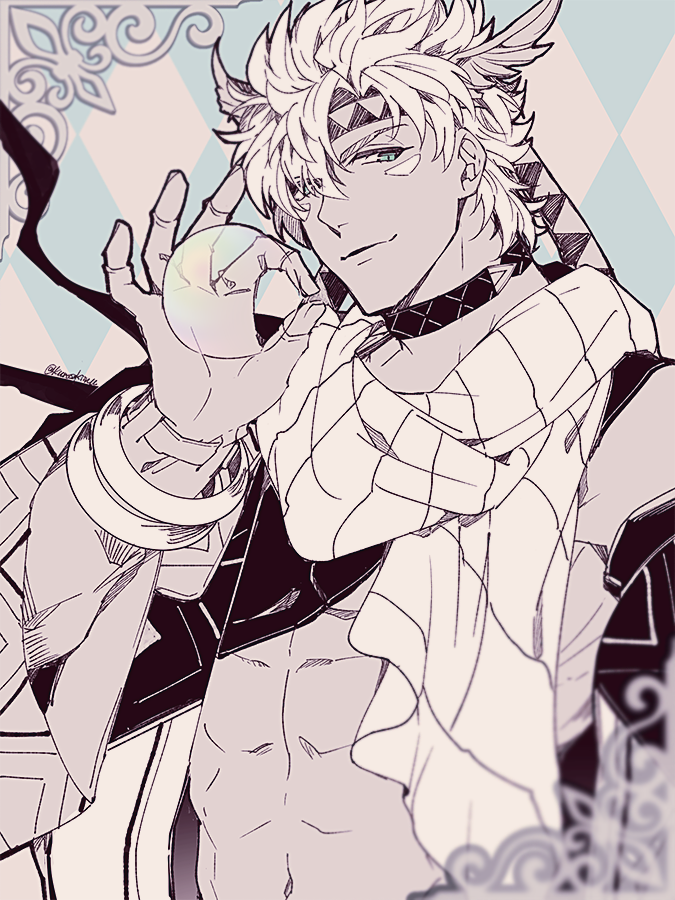 1boy, alternate_costume, argyle, argyle_background, artist_name, bangle, battle_tendency, blurry