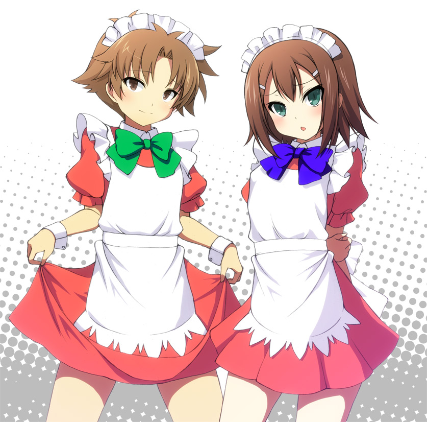 alternate_costume, arms_behind_back, baka_to_test_to_shoukanjuu, bow, crossdressinging, dress, dress_lift, enmaided