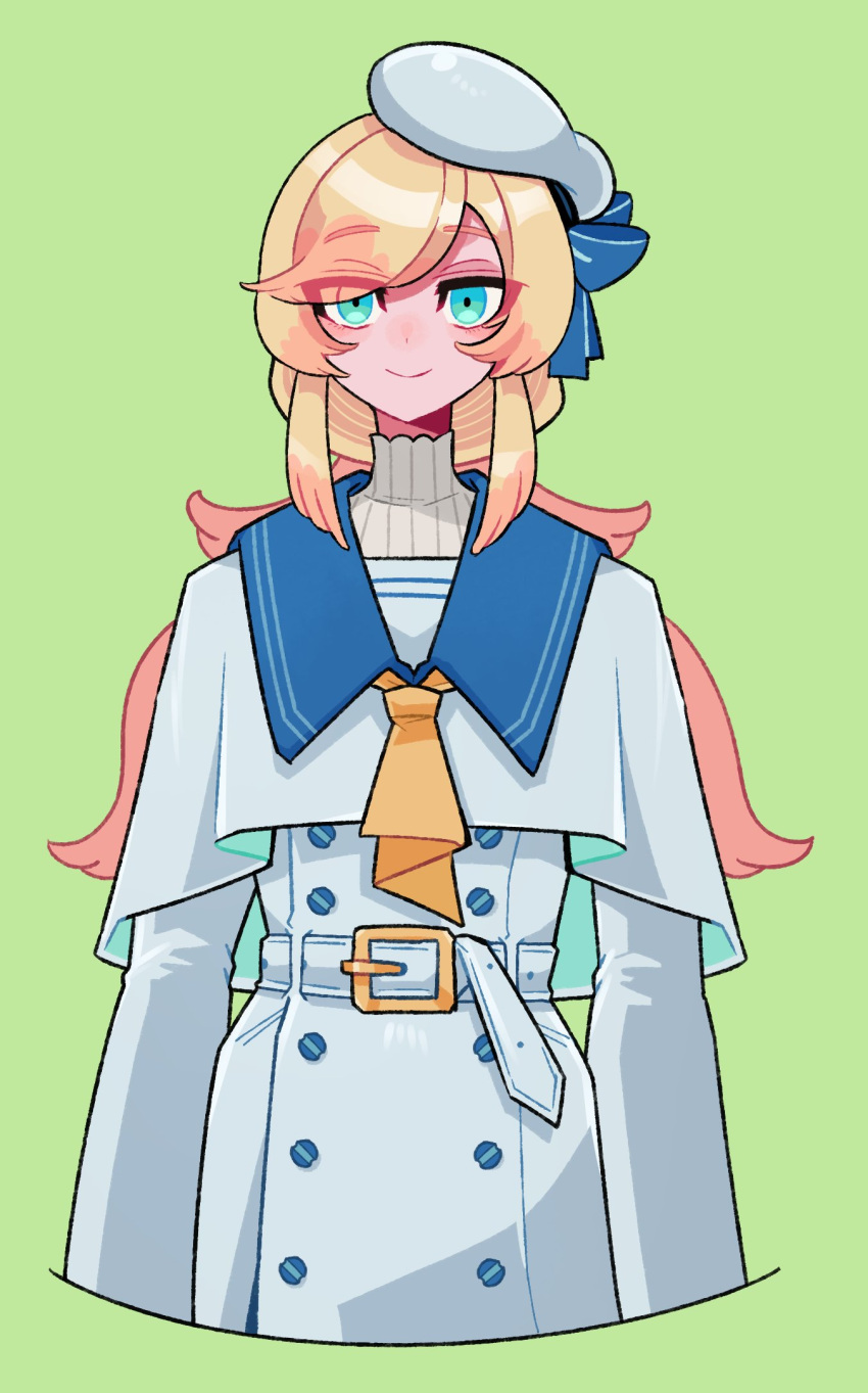 1girl, aqua_eyes, belt, beret, blonde_hair, eyebrows_visible_through_hair, eyes_visible_through_hair, green_background, grey_capelet, grey_headwear, hat, highres, iccoco, long_hair, looking_at_viewer, neckerchief, original, simple_background, solo, upper_body, yellow_neckwear