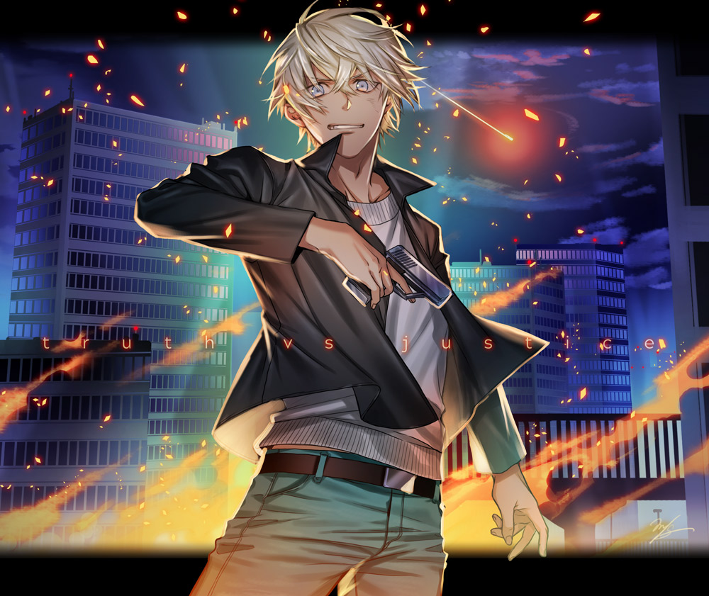1boy, amuro_tooru, arm_at_side, bangs, belt, black_belt, black_jacket, blonde_hair