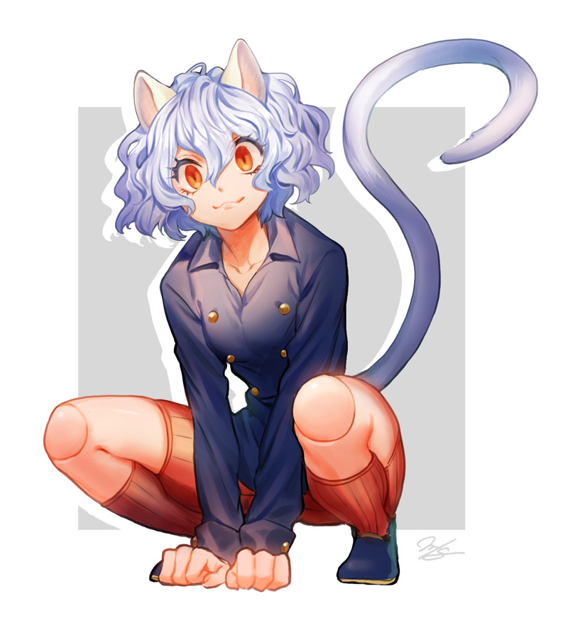 1other, :3, animal_ears, arm_support, bangs, blue_footwear, blue_hair, blue_jacket