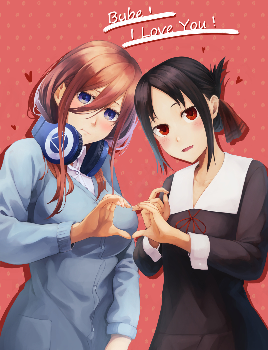 2girls, bangs, black_dress, black_hair, blue_cardigan, blue_eyes, blush, breasts