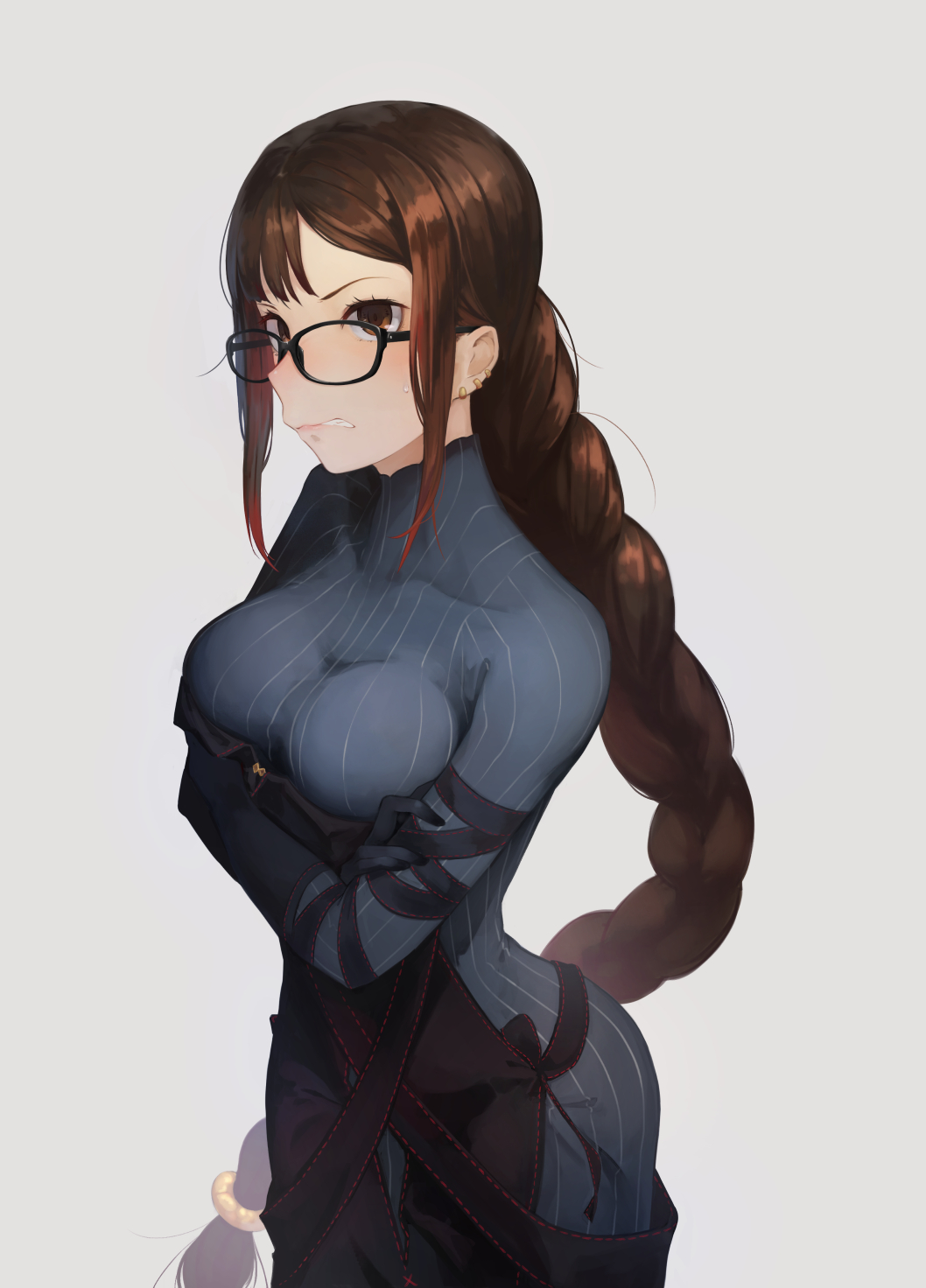 1girl, arms_under_breasts, bangs, braid, braided_ponytail, breast_hold, breasts, brown_eyes