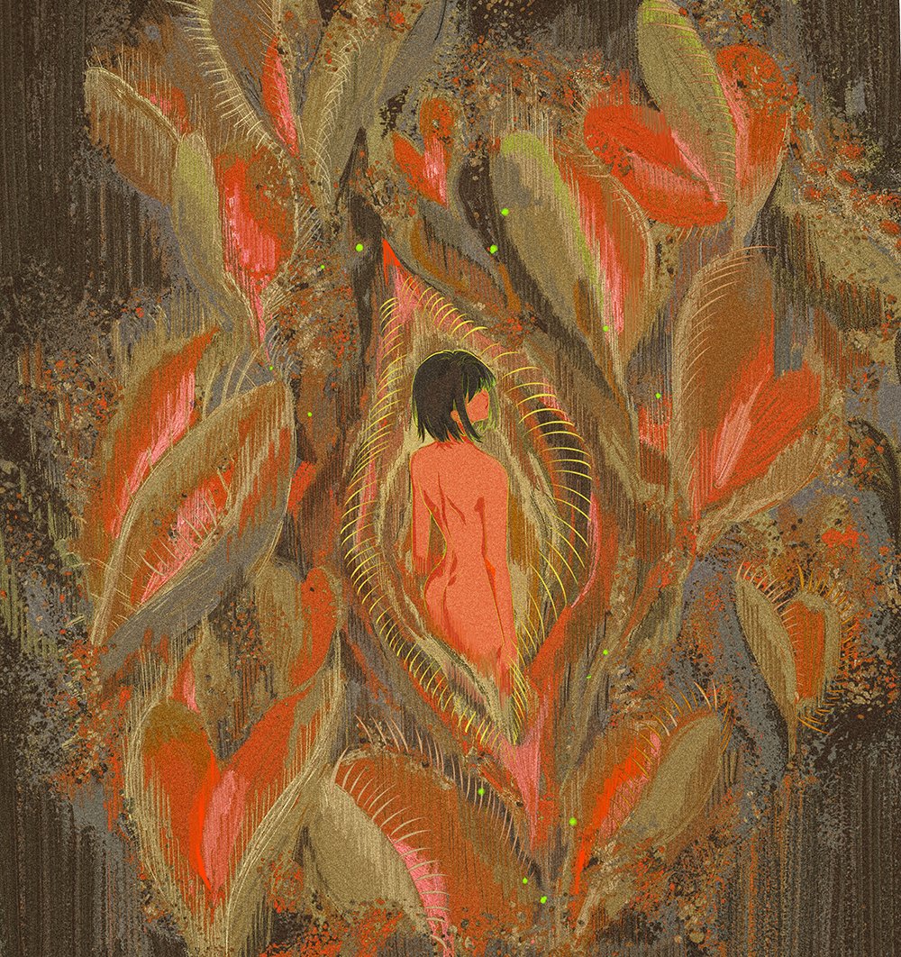 1girl, ass, black_hair, carnivorous_plant, cowboy_shot, from_behind, hair_over_eyes, nude