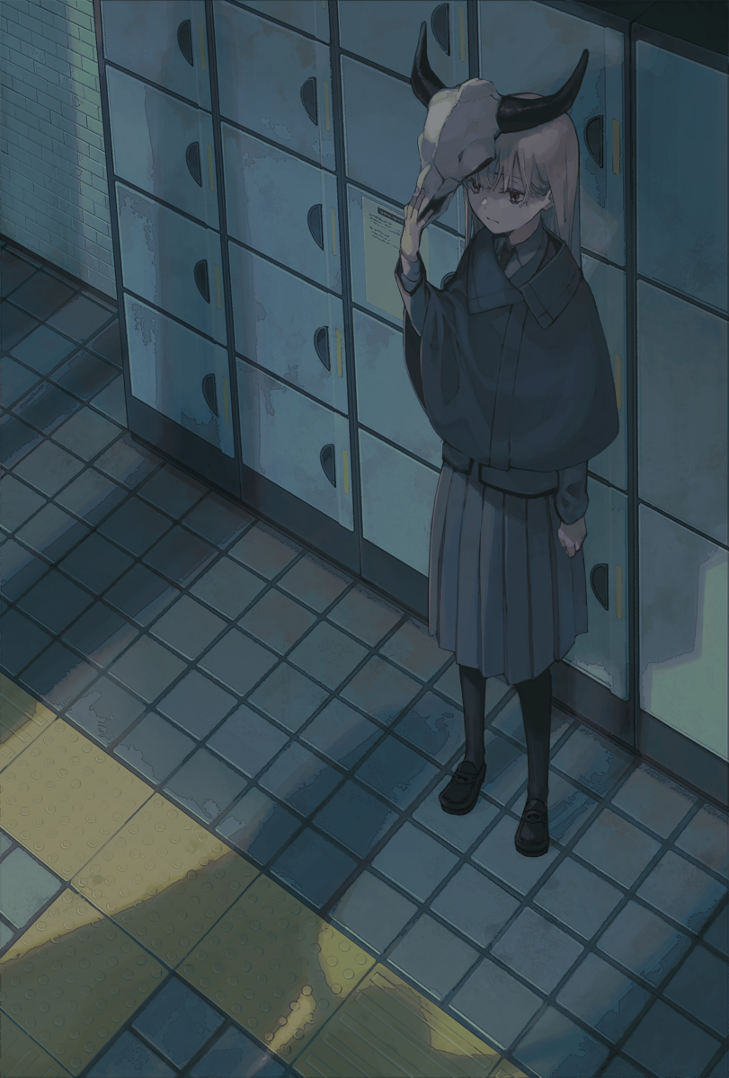 1girl, animal_skull, black_footwear, black_legwear, brown_eyes, brown_hair, collared_shirt, cow_skull