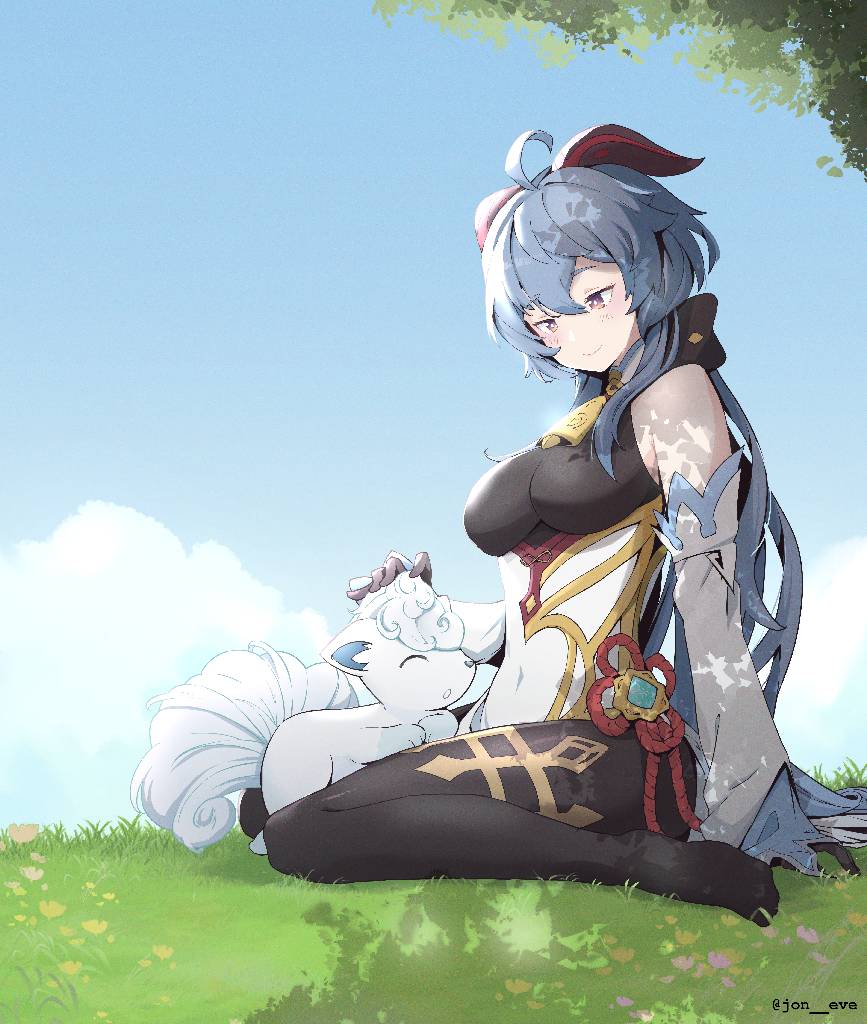 1girl, ahoge, alolan_form, alolan_vulpix, bare_shoulders, black_bodysuit, black_gloves, blue_hair