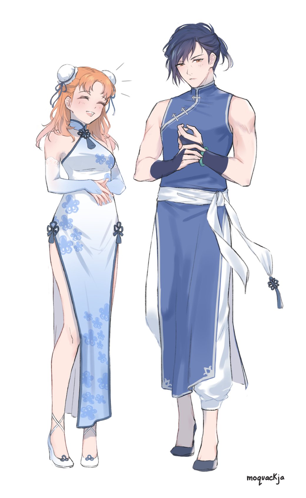 1boy, 1girl, :d, ^_^, alternate_costume, annette_fantine_dominic, artist_name, bangs