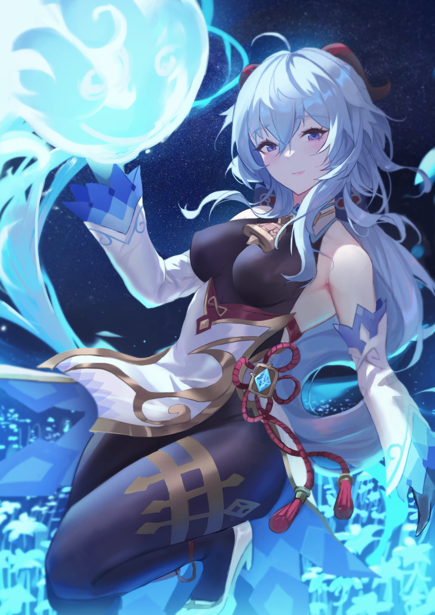 1girl, ahoge, anklet, bare_shoulders, bell, black_bodysuit, blue_hair, bodysuit
