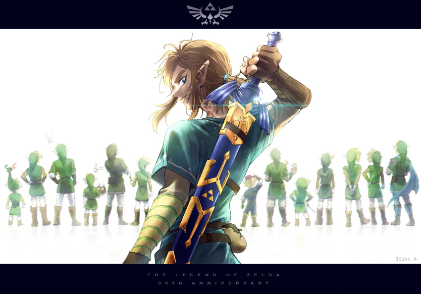 6+boys, absurdres, anniversary, arm_guards, back, backlighting, blonde_hair, blue_eyes