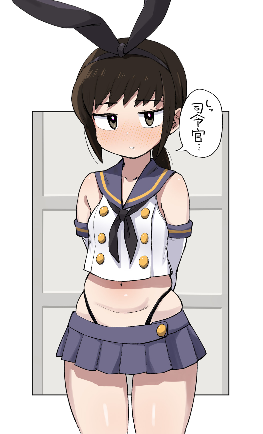 1girl, anchor_hair_ornament, arms_behind_back, black_eyes, black_hair, black_hairband, black_neckwear, black_panties