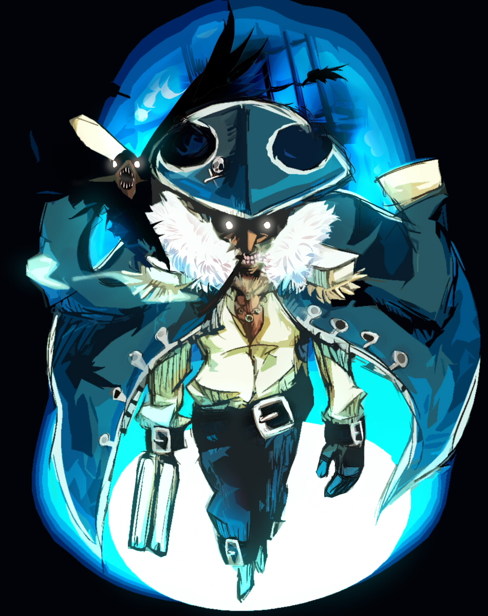 1boy, belt, bicorne, bird, black_belt, black_bird, blue_coat, blue_headwear