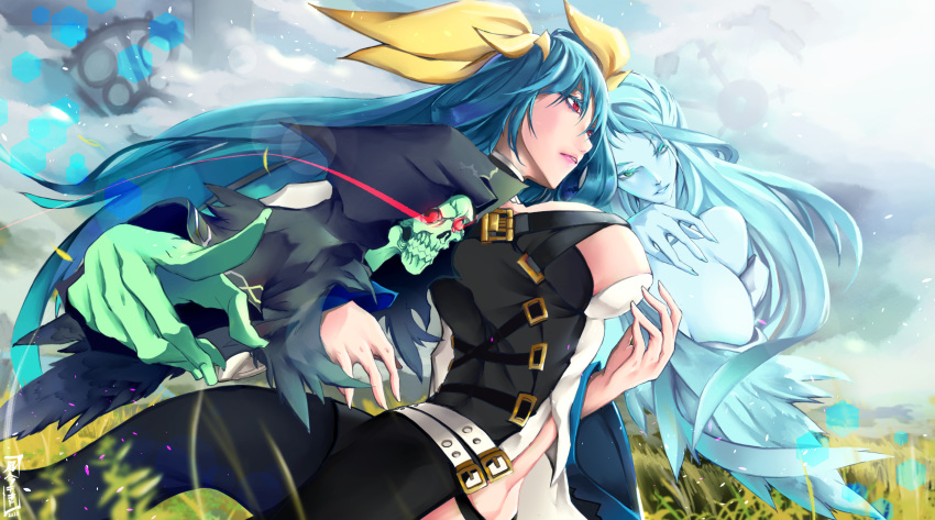 1boy, 2girls, bangs, belt, blue_hair, breasts, choker, cleavage_cutout, clothing_cutout, clouds, cloudy_sky, dated, dizzy_(guilty_gear), fingernails, from_side, gears, glowing, glowing_eyes, grass, green_eyes, guilty_gear, guilty_gear_xrd, hair_between_eyes, hair_ribbon, hair_rings, highres, kazekyou_tekito, large_breasts, lips, long_hair, midriff, multiple_girls, navel, necro_(guilty_gear), red_eyes, ribbon, signature, skull, sky, tail, twintails, undine_(guilty_gear), wide_sleeves, yellow_ribbon