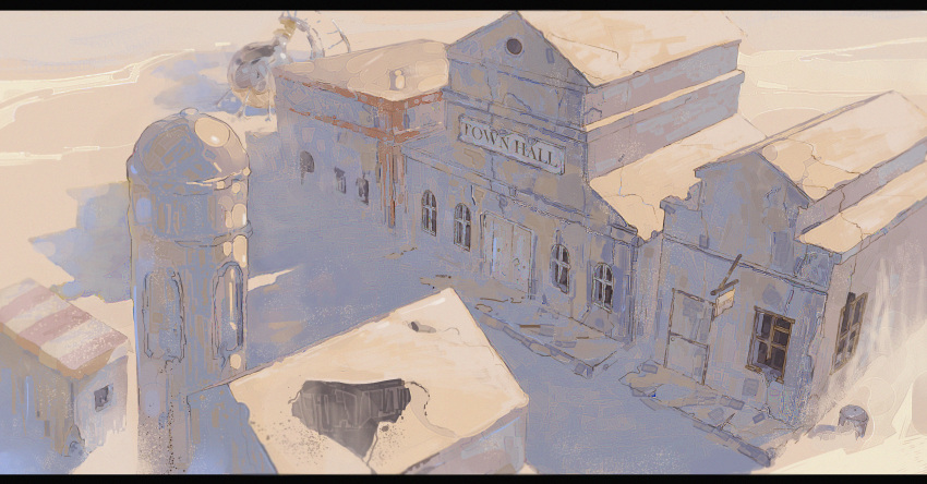 absurdres, architecture, brown_theme, building, commentary, day, desert_fox, door, english_text, from_above, highres, huge_filesize, letterboxed, no_humans, outdoors, plant_(trigun), scenery, trigun, window